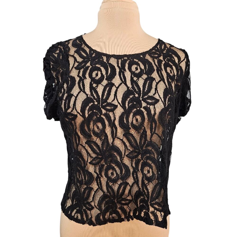 I.N.C. Black Cropped Floral Embellished Blouse Semi‎ Sheer Top Gothcore Witchy M